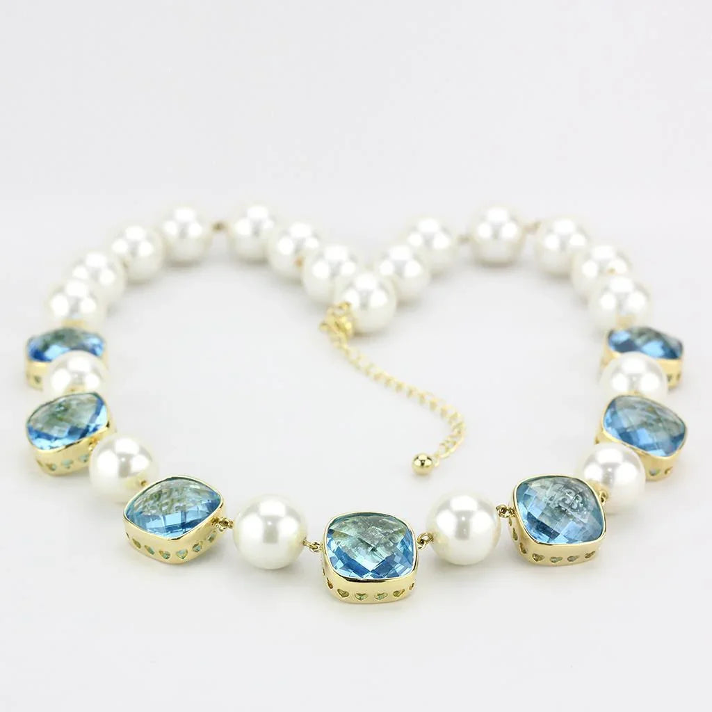 LO4706 - Gold Brass Necklace with Synthetic Synthetic Glass in Sea Blue