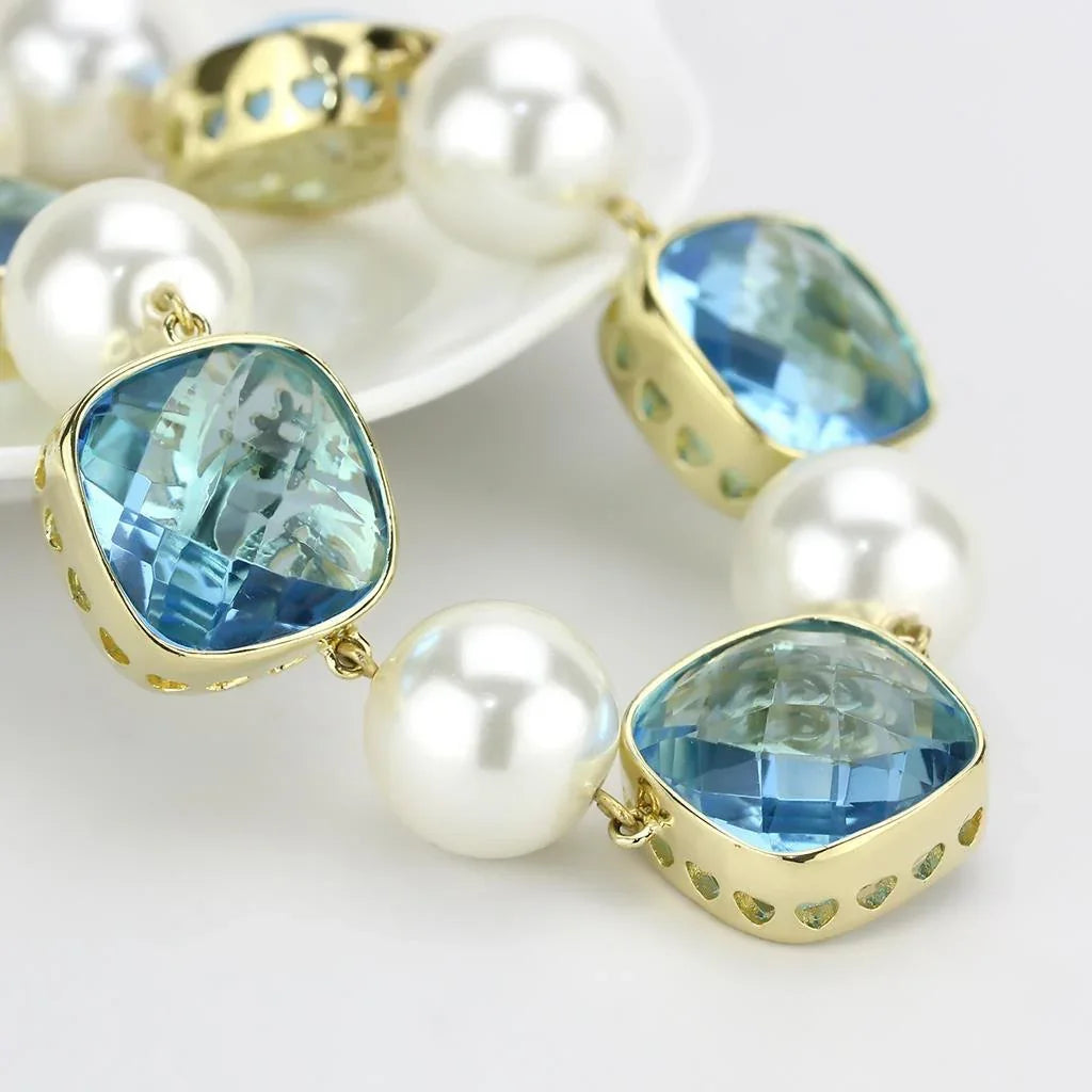 LO4706 - Gold Brass Necklace with Synthetic Synthetic Glass in Sea Blue